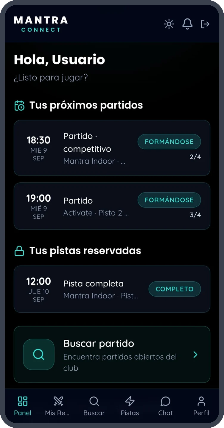 Écran d’accueil de Mantra Connect avec les prochains matchs et les pistes réservées
