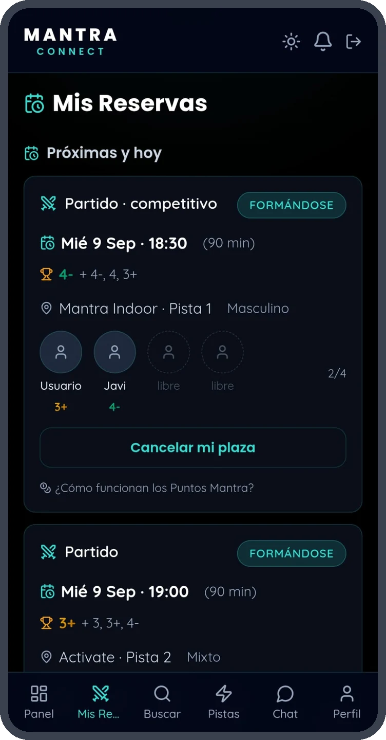 Un match dans Mantra Connect, avec son niveau et les places libres