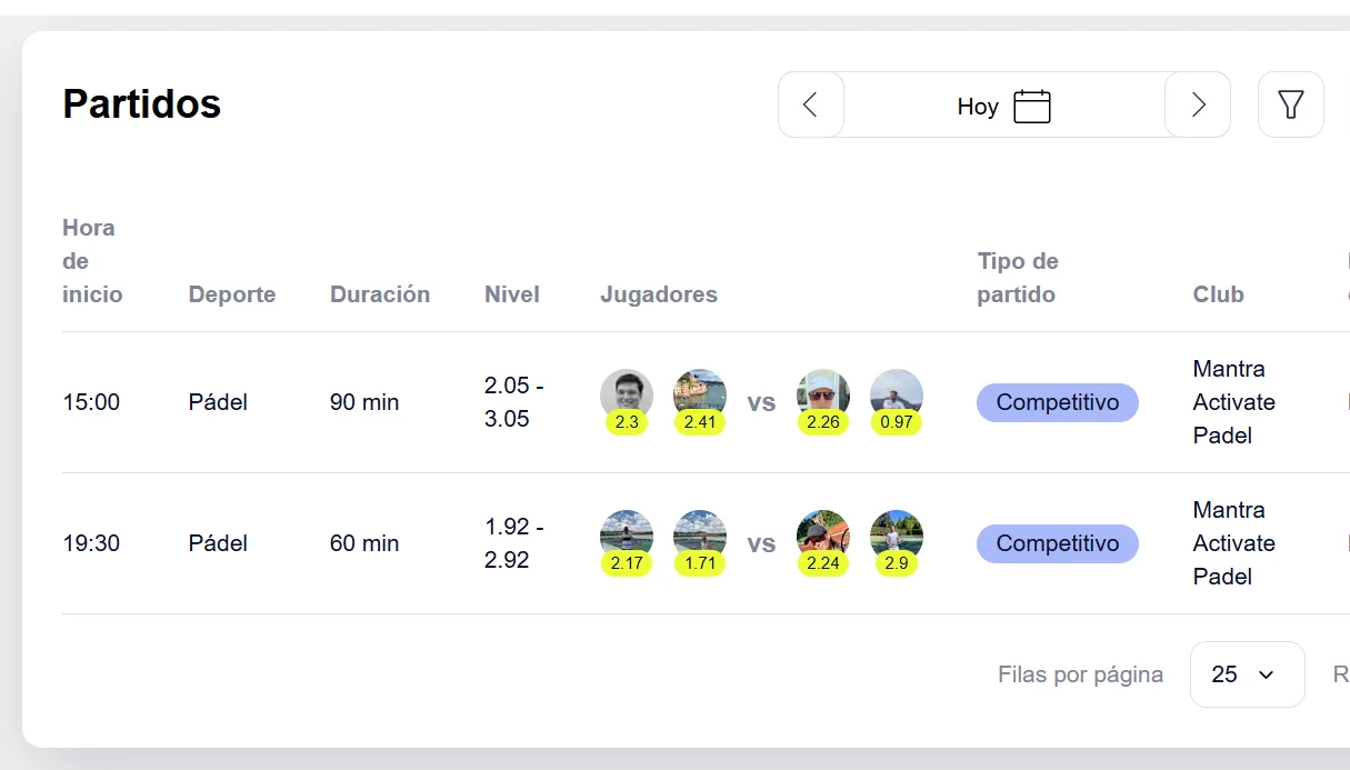 Partidos abiertos en Playtomic